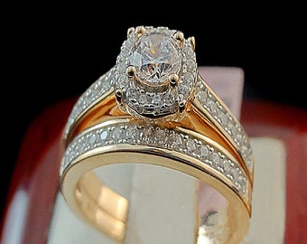 14K Yellow Gold Finish Wedding Ring, Moissanite Oval Cut Set for Ladies, Women's Silver Bridal Engagement Diamond Ring Set, Anniversary Gift