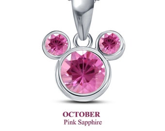 Colgante de Mickey Mouse con zafiro rosa en plata de ley y piedra natal de octubre, el más vendido para niña/Colgante de Mickey Mouse/Collar de Mickey Mouse