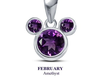 Berühmte Cartoon Mickey Mouse winzige Anhänger / Februar Amethyst Geburtsstein 925 Sterling Silber Mickey Mouse Anhänger (alle Birthstones verfügbar)