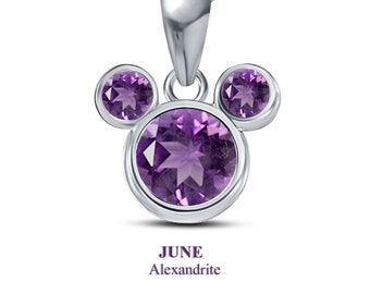 Disney Cartoon Mickey Mouse Pendant/ Cartoon Charm/ Alexandrite 925 Sterling Silver Pendant For Her/ Mickey Mouse June Birthstone Jewelry
