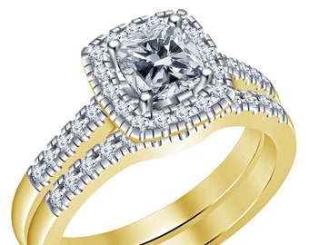 Cushion Cut Moissanite Ring Set For Women/ 14K Yellow Gold Finish Engagement Ring/ Best Bridal Set For Ladies/ Wedding Ring Latest Design