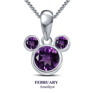 Best Valentine's Gift For Loved One/ February Amethyst Birthstone 925 Sterling Silver Mickey Mouse Pendant ( All Birthstones Available )