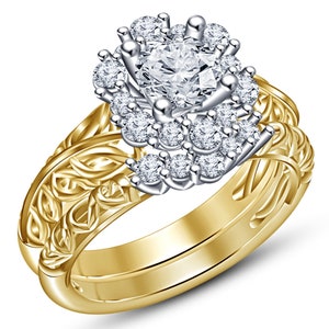 Round Cut Diamond 14k Yellow Gold Finish Engagement Wedding Band Ring Bridal Set 925 Silver
