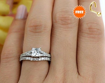Solid 925 Sterling Silver Engagement Ring Set,White Gold Plated Princess  Engagement Ring, Wedding Ring Set Bridal Set,