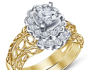 Women's Flower Engagement Ring Set, Halo Wedding Set Band Sterling Silver Bridal Set Floral Round Diamond 10k Gold Finish Moissanite Ring