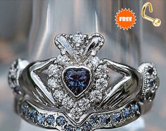 Unique Claddagh Ring for women, Heart Shape Blue Topaz White Gold Fn Engagement Ring for Her, Bridal Wedding Ring Set, Anniversary gift