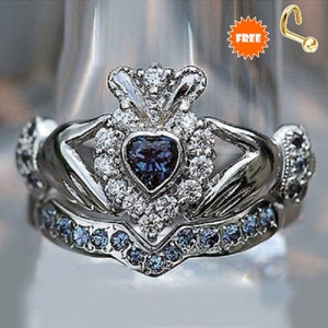 Unique Claddagh Ring for women, Heart Shape Blue Topaz White Gold Fn Engagement Ring for Her, Bridal Wedding Ring Set, Anniversary gift