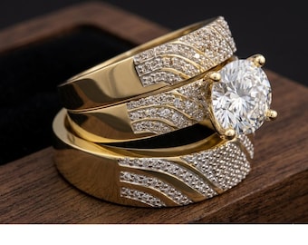 His & Her Matching Wedding Band Diamond Trio Set 14K Yellow Gold Finish Engagement Ring