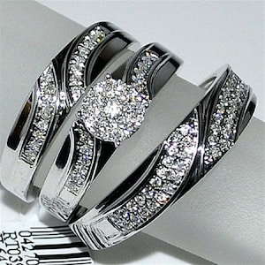 White Gold Finish Moissanite Sterling Silver Trio Ring Set