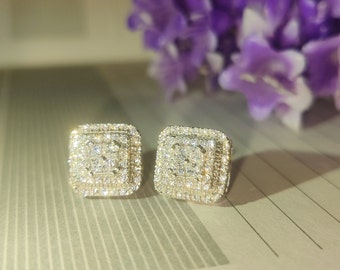 Herren Damen quadratische Form Bolzen, 925 Sterling Silber Iced Out Hip Hop Quadrat Diamant Ohrstecker Cluster Ohrringe Schrauben Verschlüsse