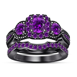 Latest Bridal Ring For Women, Engagement Ring For Her, 925 Sterling Silver Black Gold Plated Round Cut Purple Amethyst Wedding Ring Set