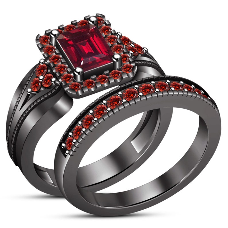 925 Sterling Silver Wedding Engagement Ring Set Bridal Ring Set 14K Black Gold Finish Red Garnet Emerald Cut Engagement Ring Set