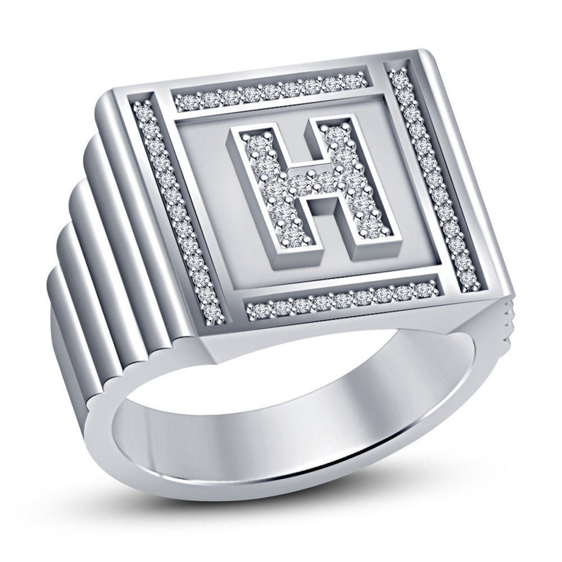 Men/'s 18K White Gold Plated Round DVVS1 Diamond Initial Letter H Ring Solid 925 Sterling Silver