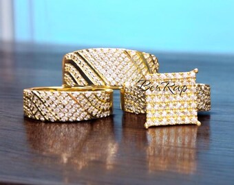 Gold FN Sterling Silver Trio Engagement Rings, White Simulated Diamond Wedding Set For Men Women