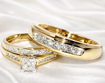 His & Her Matching Wedding Band Diamond Trio Set 14K Yellow Gold Finish Engagement Ring