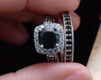 14K White Gold Finish 925 Sterling Silver Bridal Ring Set, Cushion Cut Black Diamond Halo Bridal Set For Women Engagement Wedding Ring Set
