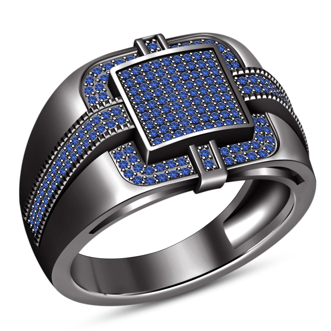 Anniversary Men's Band Ring Round Cut Blue Sapphire Black Etsy