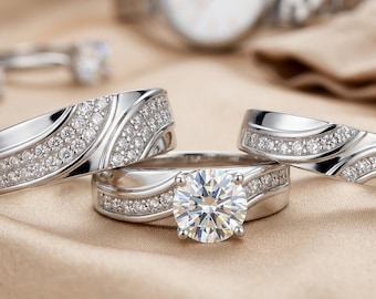 His & Her Diamond Engagement Ring Wedding Band Trio Set 14K White Gold Over 925 Sterling Silver