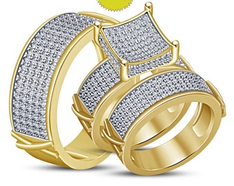 14k Yellow Gold Finish 925 Sterling Silver Round Cut Cluster Diamond Wedding Ring, Women Engagement Bridal Trio Ring Set, Best Gift For Her