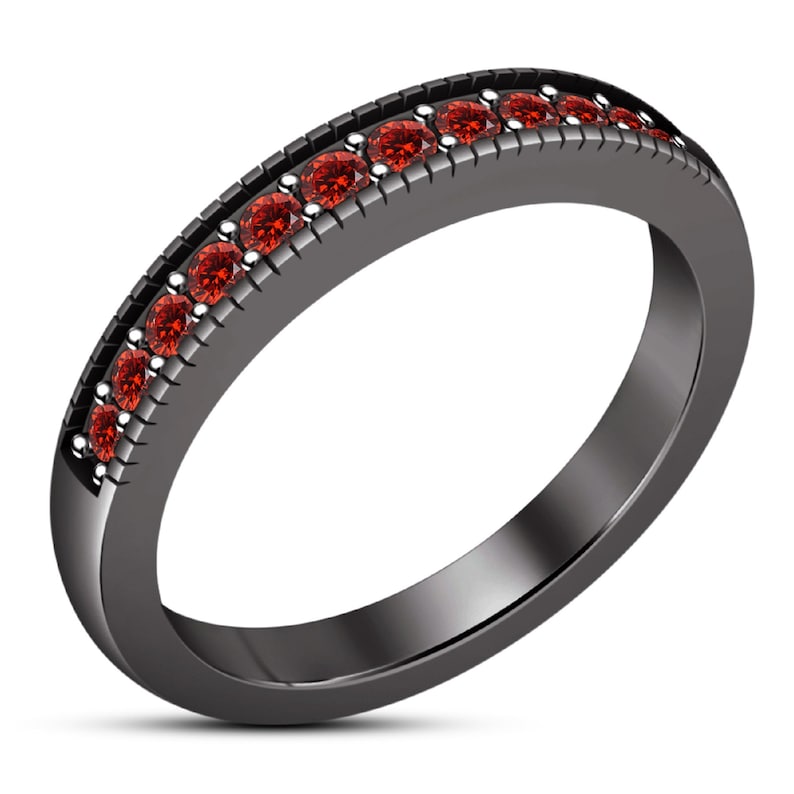 925 Sterling Silver Wedding Engagement Ring Set Bridal Ring Set 14K Black Gold Finish Red Garnet Emerald Cut Engagement Ring Set
