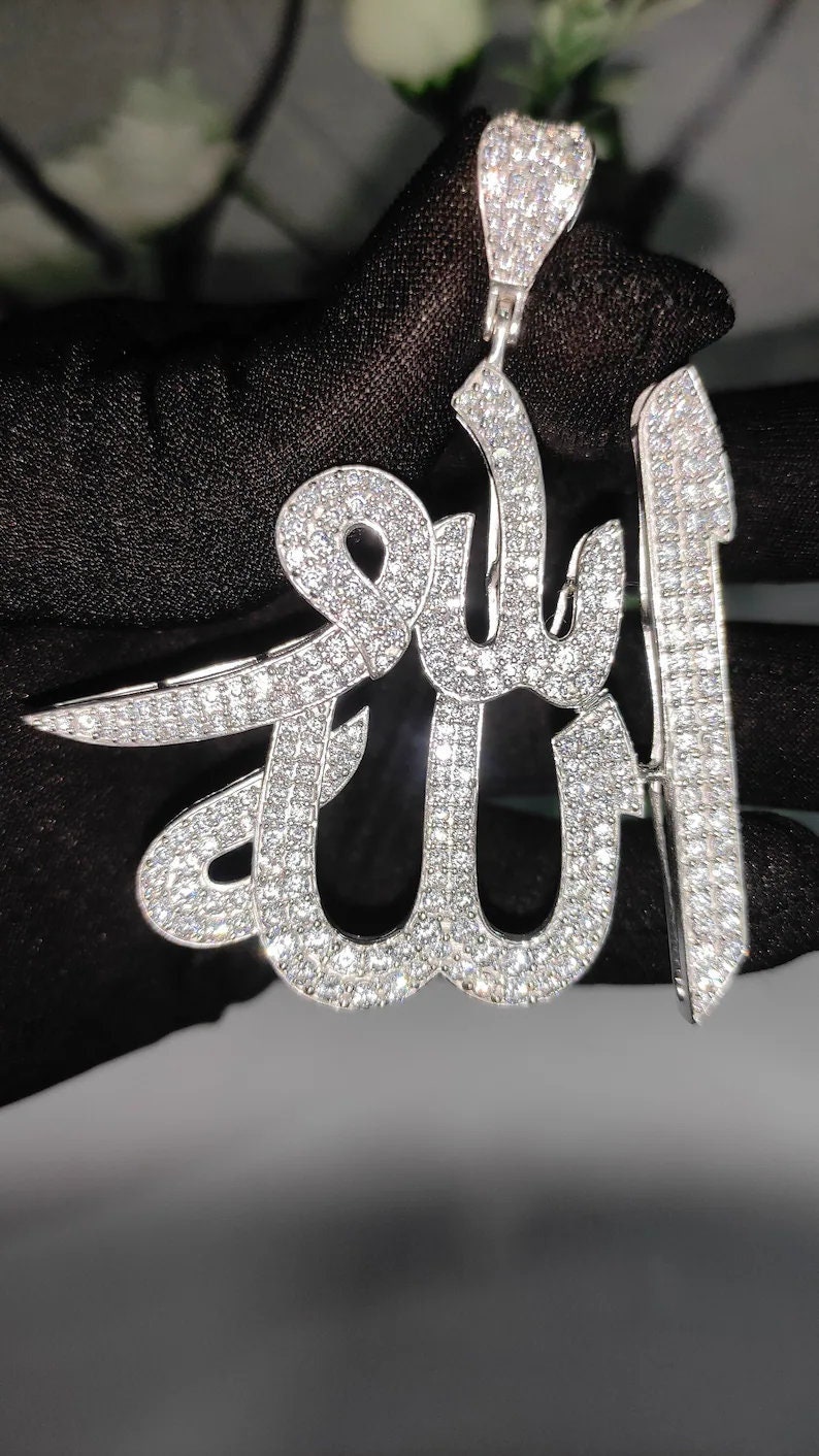 Diamond Allah Pendant For Men, Men's 925 Silver Round Moissanite Islam Religious Pendant, Muslim God Allah Pendant, Customized Allah Name