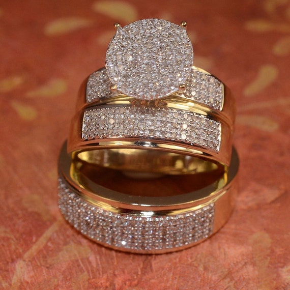 Diamond Wedding 14K Yellow Gold Finish Trio His and Her Bridal | Etsy India