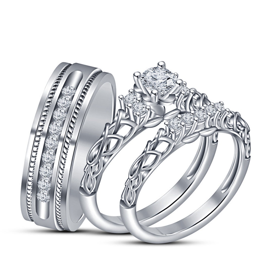 925 Sterling Silver His Her Wedding Band and Her Engagement Diamond Ring Trio Set, His Her Trio