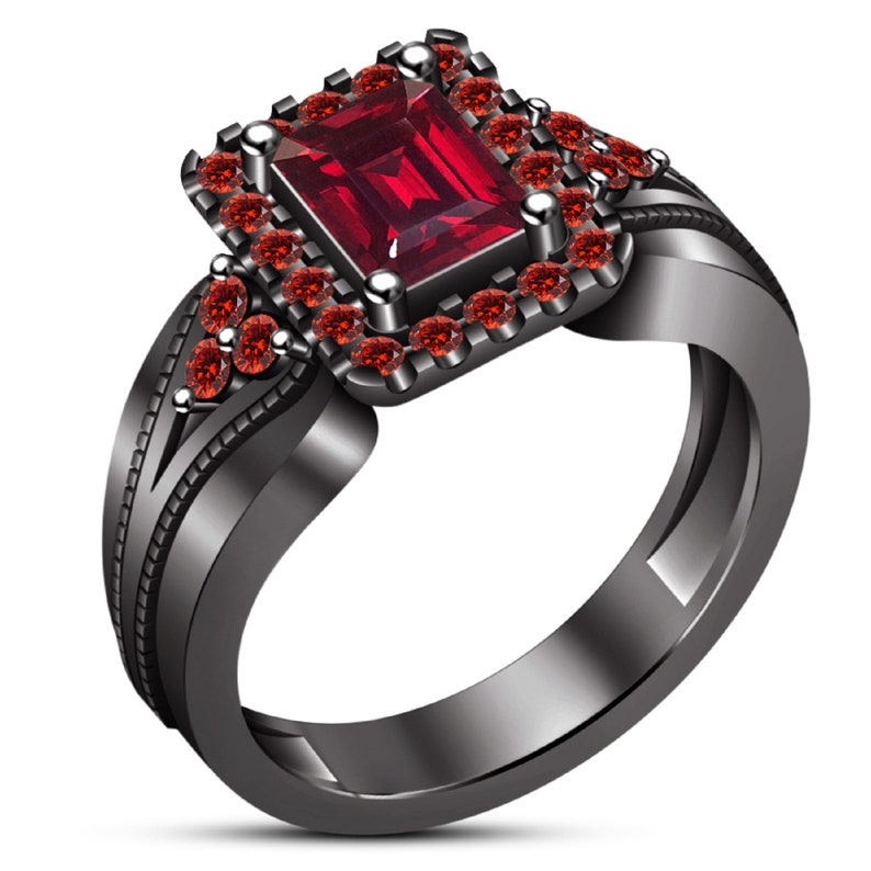 925 Sterling Silver Wedding Engagement Ring Set Bridal Ring Set 14K Black Gold Finish Red Garnet Emerald Cut Engagement Ring Set
