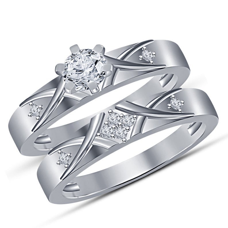 2-Piece Wedding Rings 10k Yellow Gold Plating Round Cut Diamond Anniversary Promise Bridal Set 925 Sterling Silver