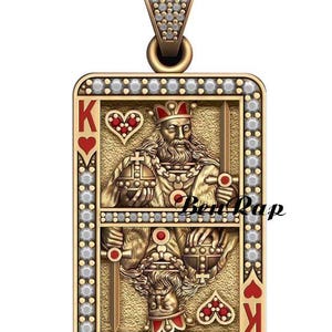 Ciondolo Pocker King per rapper, ciondolo Hip Hop Pocker Moissanite, ciondolo con carta da gioco King in oro Fn con diamante e cuore in argento