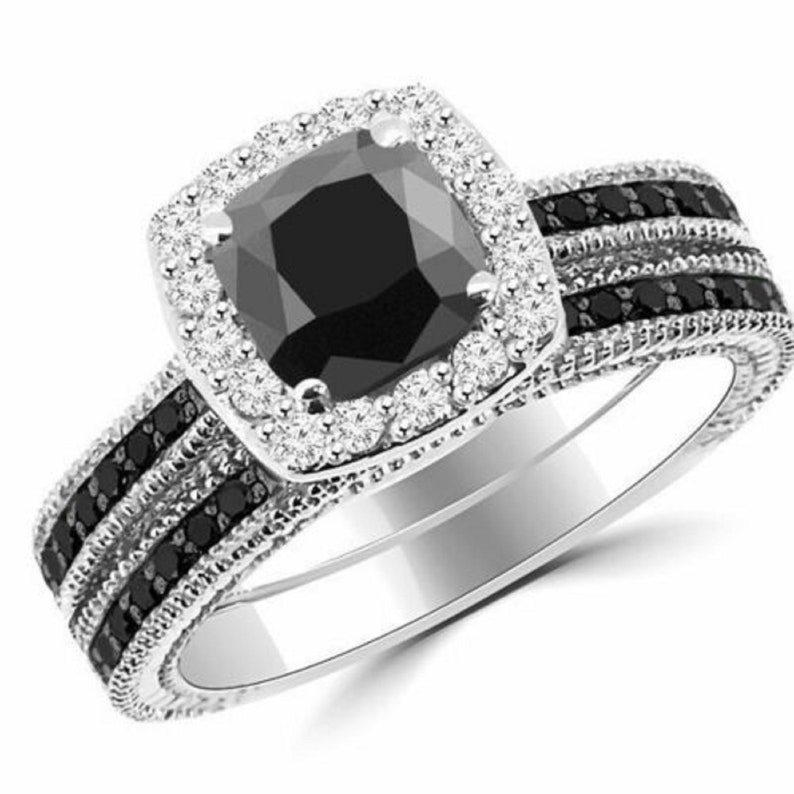 Cushion Cut Diamond Halo Bridal Set Engagement Wedding Ring Set White Gold Finish 925 Sterling Silver image 3