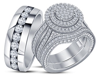 Men's Women's Diamond Engagement Ring Trio Set 10k White Gold Plated 925 Sterling Silver