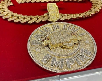 Men&#39;s &quot;PAID N FULL EMPIRE&quot; Iced Diamond Out Pendant For Cuban Chain, Yellow Gold Over Baguette & Round Moissanite Customized hip hop Pendant