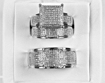 Womens Engagement Ring And His Her Wedding Band Trio Ring Set 925 Sterling Solid Silver