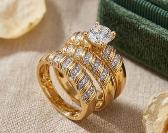 His & Her Diamond Engagement Ring Wedding Band Trio Set 14k Gold Over 925 Sterling Silver