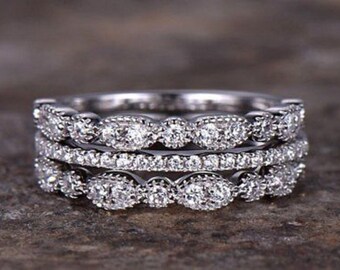 Women's 3 Piece Diamond Engagement Ring Set, 925 Sterling Silver Wedding Band For Ladies, 14K White Gold Fn Round Moissanite Ring/ Mom Ring