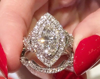 Unique White Marquise Diamond Engagement Ring For women, 14k White Gold Finish Bridal Wedding Ring Set, 925 Sterling Silver, Gift For Her