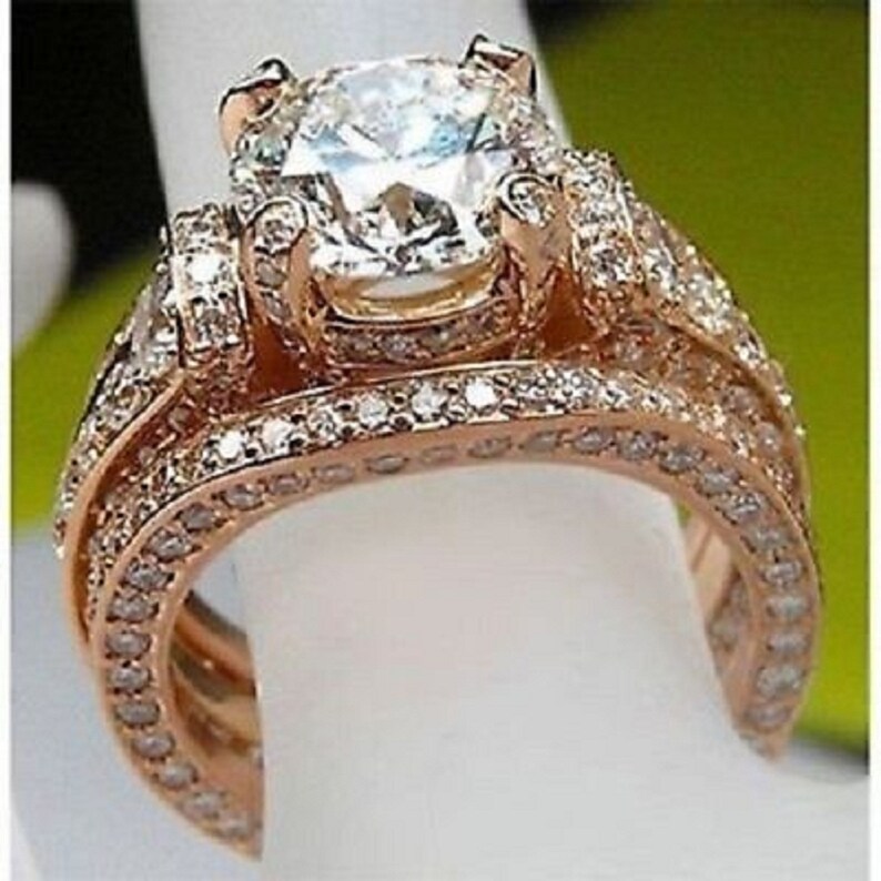 Bridal Set Round Cut Simulated Diamond Ring Engagement Ring Set 14k Rose Gold Plating Wedding Set 925 Silver.