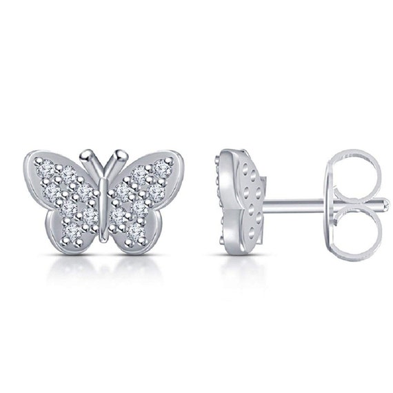 14k White gold Finish Butterfly Earrings Stud Earrings | Etsy