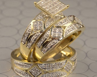 Wedding Rings For Couple, Gold FN His & HER Ring, 925 Sterling Silver Round Diamond Engagement Trio Ring Set For Men And Women