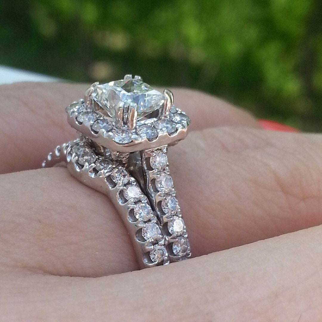 14K White Gold Finish Princess Cut Diamond Engagement Ring Wedding Band ...