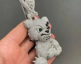Evil Teddy Bear Pendant, Hip Hop Cartoon Pendant, Rapper&#39;s Bling Diamond Necklace, Customized Big Moissanite Iced Pendant