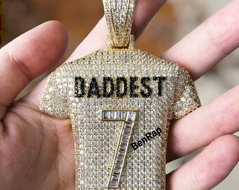 Pingente hip hop chik personalizado de Miami's Baddest 7 Jersey para homens, ouro Fn Sparking Diamond colar gelado para rapper