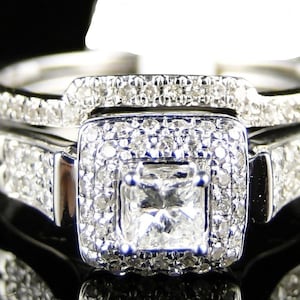 Women&#39;s Moissanite Engagement Wedding Ring Set, 14K White Gold Finish Princess Cut Diamond Bridal Ring Set, 925 Sterling Sliver