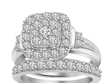Cushion Shape Ring Round Cut Moissanite 14K White Gold Finish Women's Engagement Wedding Bridal Set, 925 Sterling Silver Ring Size 4-13