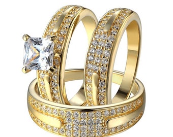His & Her Diamond Engagement Ring Wedding Band Trio Set 18k Gold Over 925 Sterling Silver