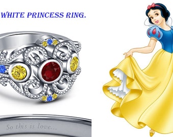 Anillo de Disney - Anillo de compromiso de princesa Disney blanca como la nieve con múltiples piedras y acabado en oro blanco de 14 k de talla redonda, anillo Art Déco