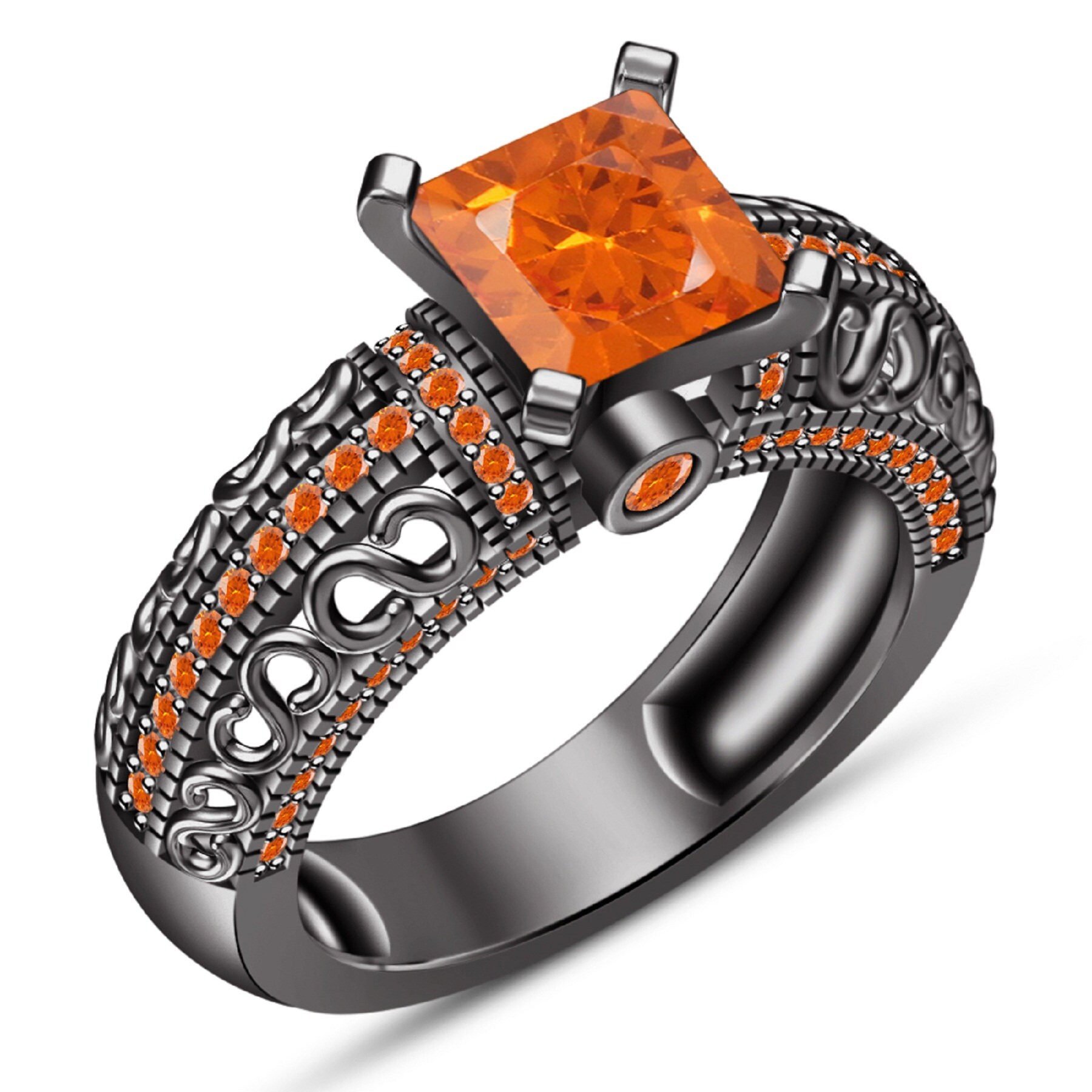 Princess Cut Orange Sapphire Diamond Bridal Set 14K Black