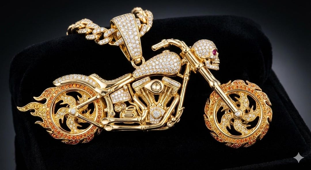 Iced Out Ghost Rider Motorcycle Pendant 14k Gold Plated, Diamond Hell ...