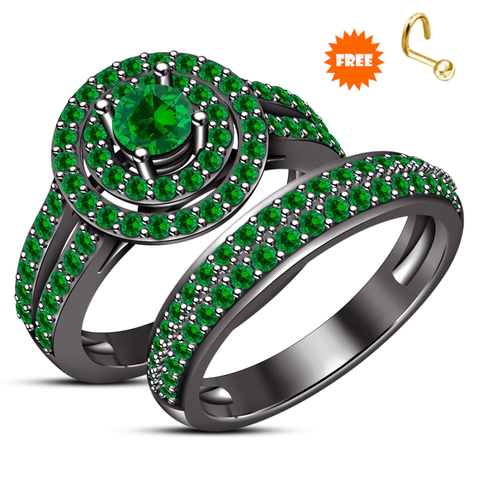 Green emerald engagement ring set 14k black gold finish halo Etsy